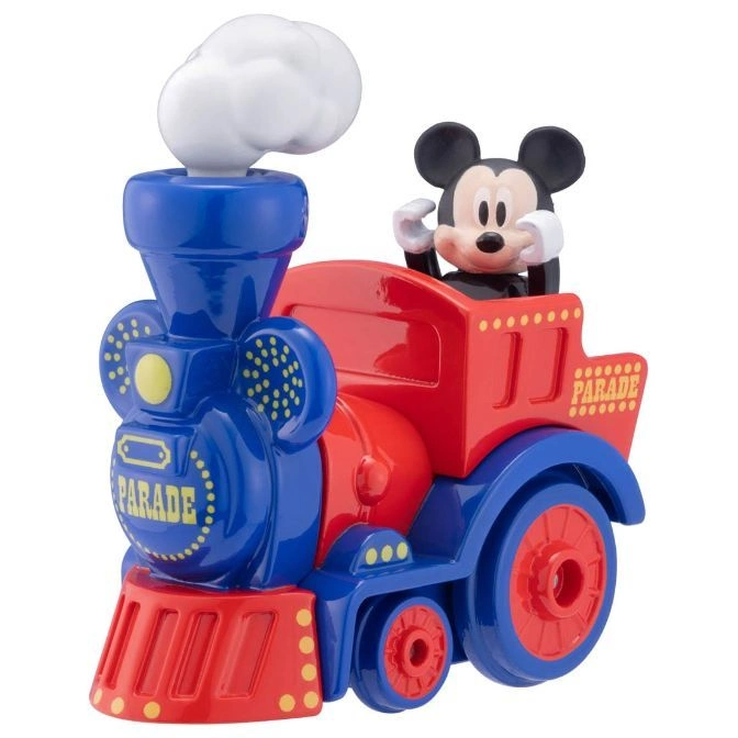 Mickey Mouse toy train with "PARADE" text. Mickey is waving from the red carriage.