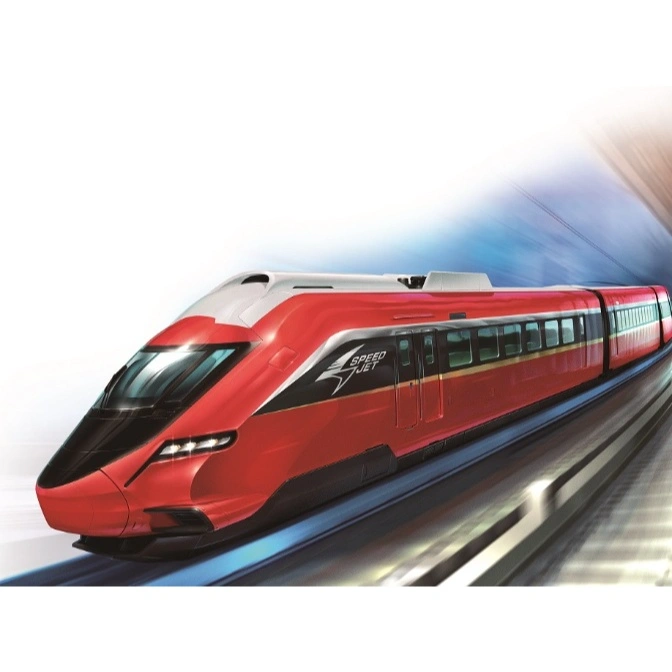  Red Speed Jet toy train on tracks, sleek design, black front, white top.