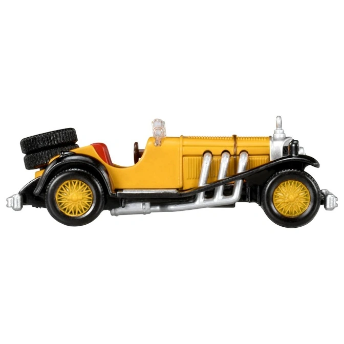  Yellow toy vintage car with spare tires, black fenders, and silver exhaust pipes.