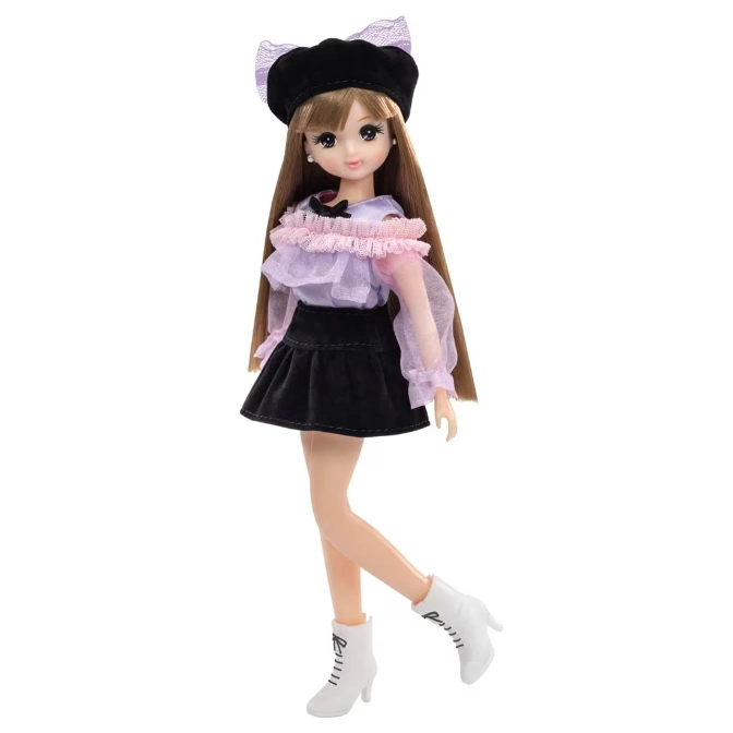  Fashion doll with long brown hair, wearing a black hat, purple top, black skirt, and white boots.