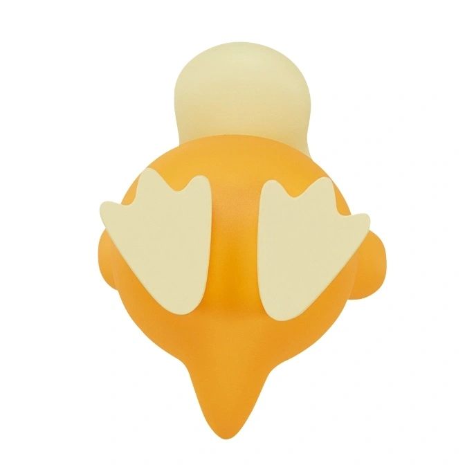  Orange rubber ducky toy with yellow feet sticking out.