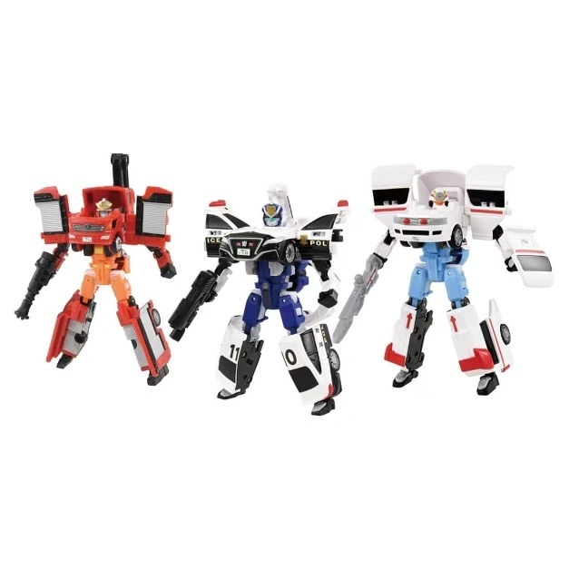 Three transforming robot toys: a red fire truck, a blue police car, and a white ambulance.
