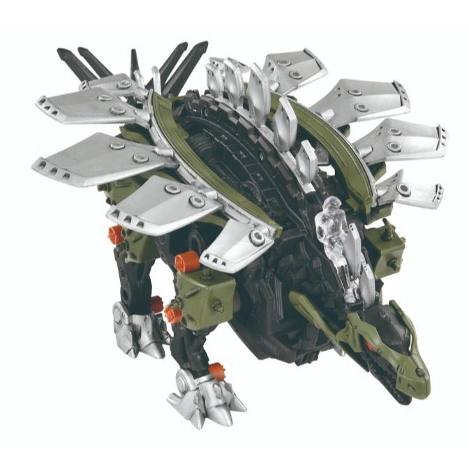 Green and silver Zoids toy dinosaur with plates and spikes.