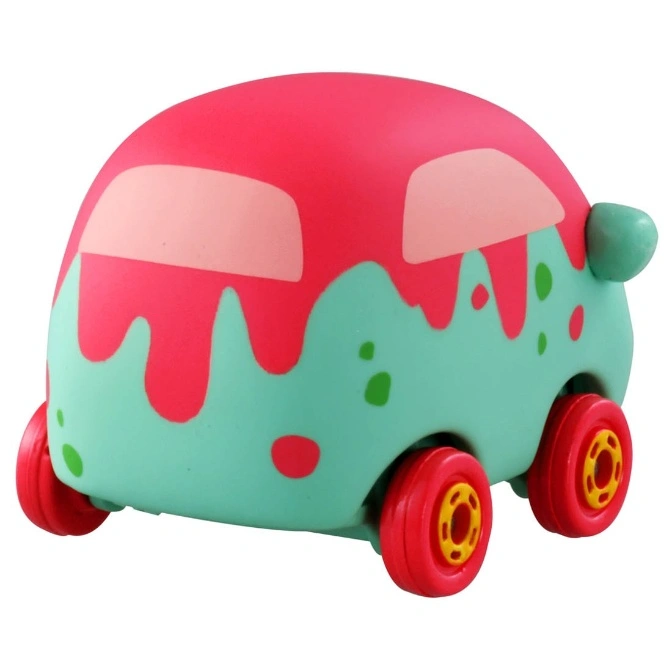  Toy car resembling an ice cream treat with red wheels and a teal and pink body.
