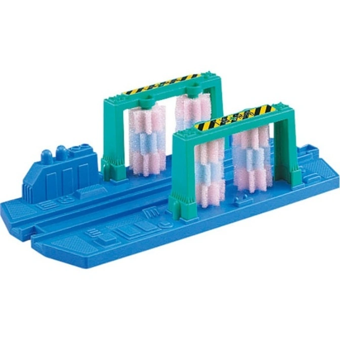 Blue toy car wash with green frames and striped brushes.
