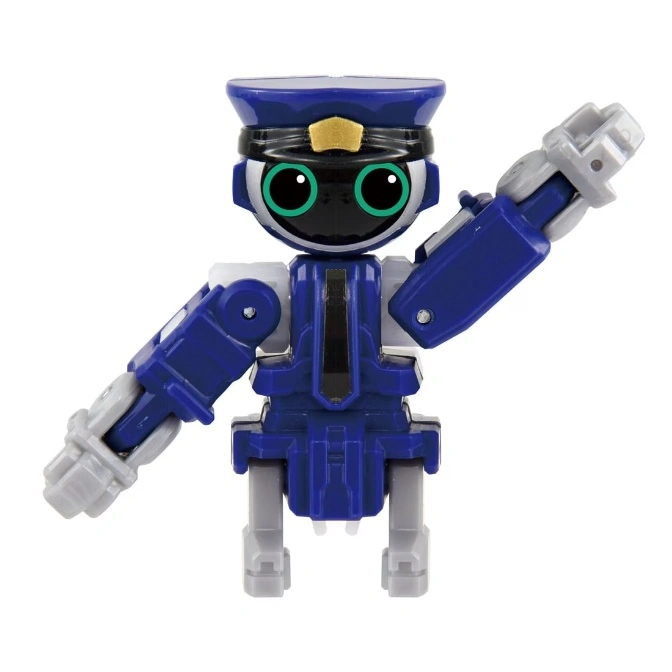  Blue and grey robot toy with a police hat and large green eyes.