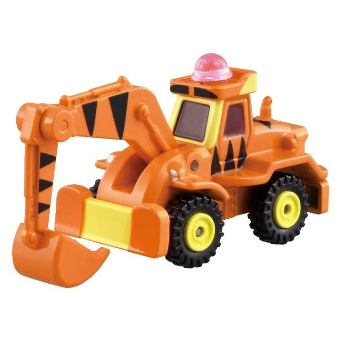 Orange toy excavator with black tiger stripes and a pink light on top.