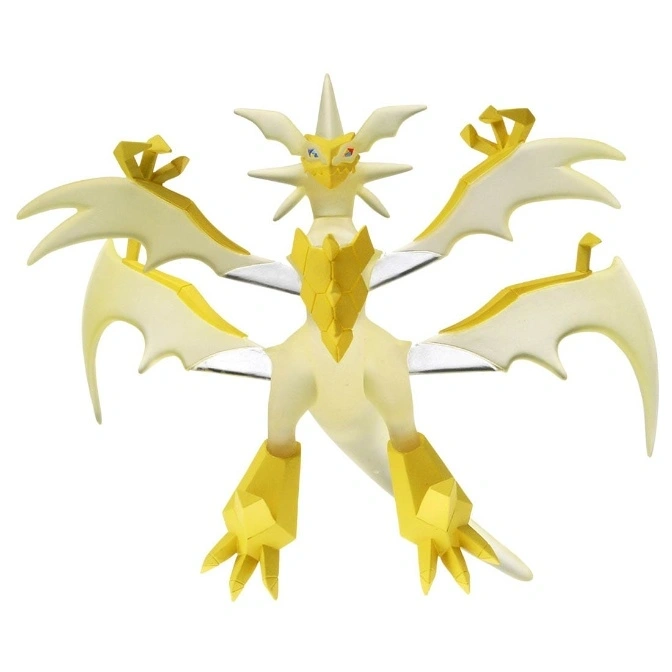  Solgaleo Pokémon toy figure with yellow and white coloring, wings spread.