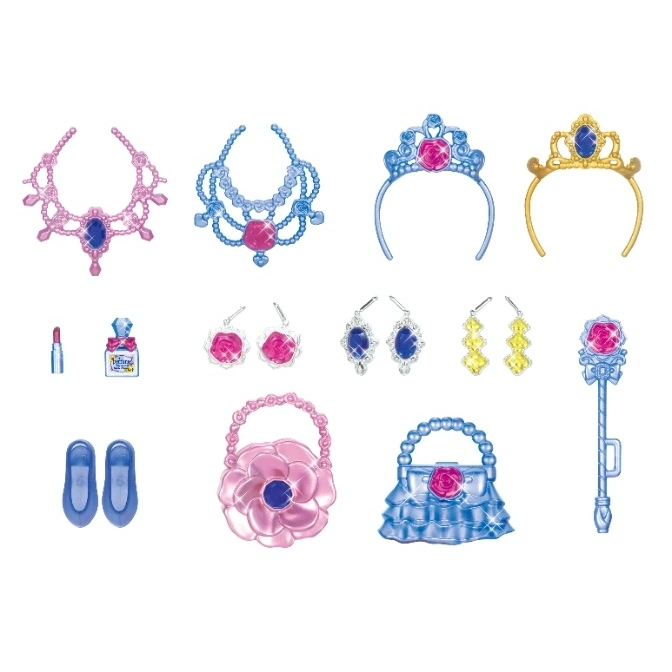  Princess dress-up set with necklaces, tiaras, earrings, shoes, purses, lipstick, perfume, and a magic wand.