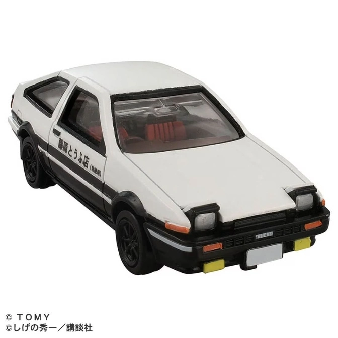  White Toyota AE86 toy car with black trim and "Fujiwara Tofu Shop" lettering.