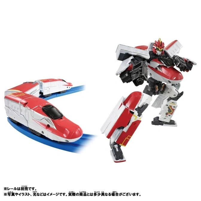 Red and white transforming toy: bullet train and robot figure.