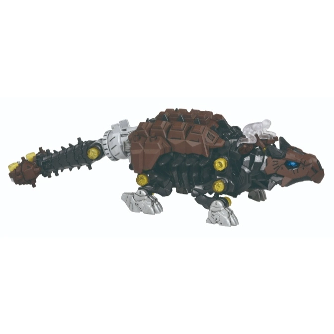 Zoids Gojulas Giga toy with brown armor, black body, silver legs, and a spiked tail.