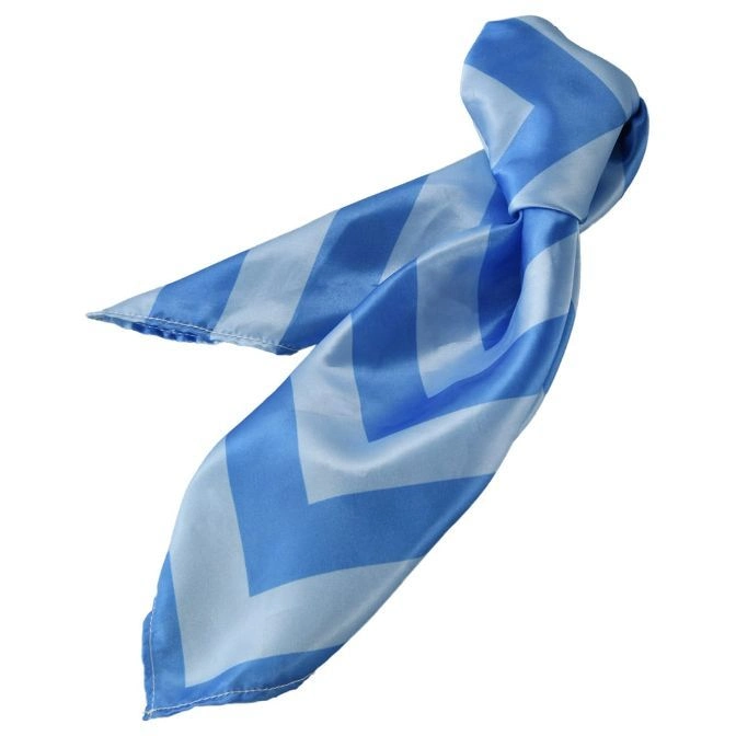  Blue and white chevron patterned scarf tied in a knot.