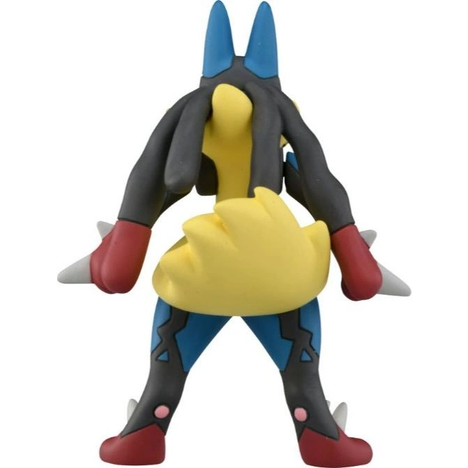  Lucario toy figure, rear view. Blue head spikes, yellow body, black limbs with red and white accents.