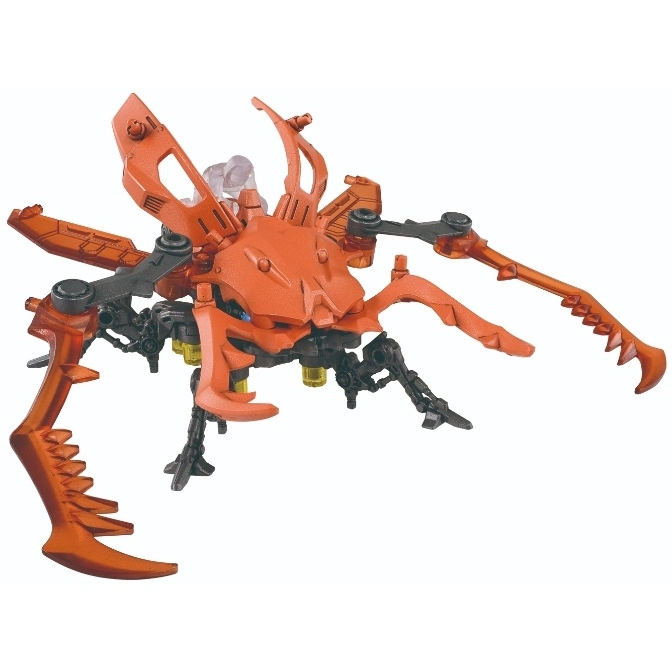 Orange stag beetle robot toy with black joints and translucent crystal detail.