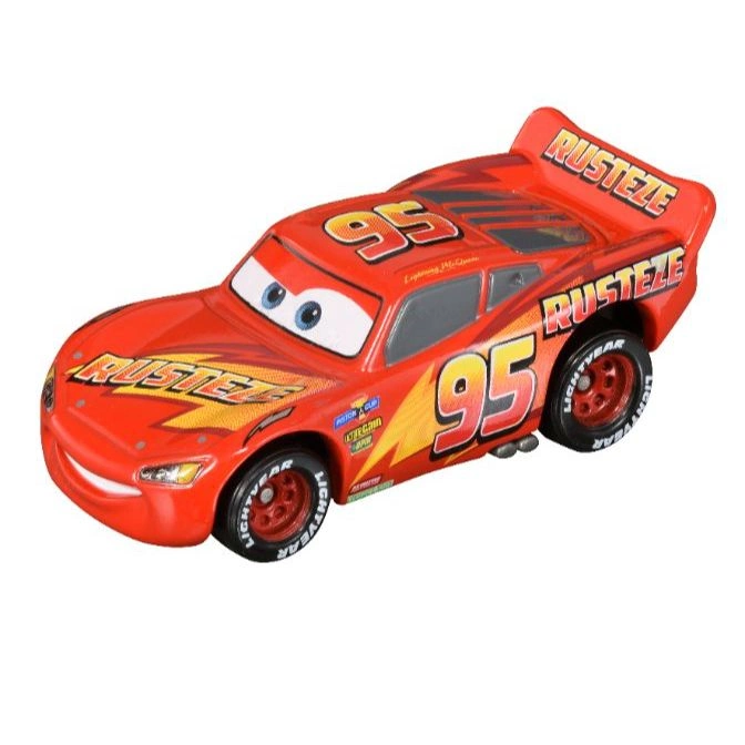 Red toy car with number 95 and Rust-eze logo, resembling Lightning McQueen from Cars.