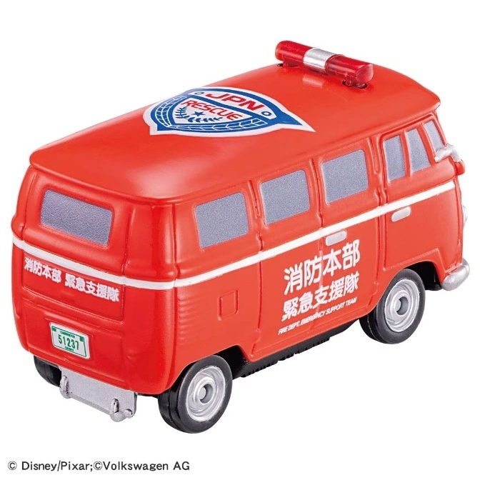  Red toy rescue van with Japanese writing and a light bar on top.