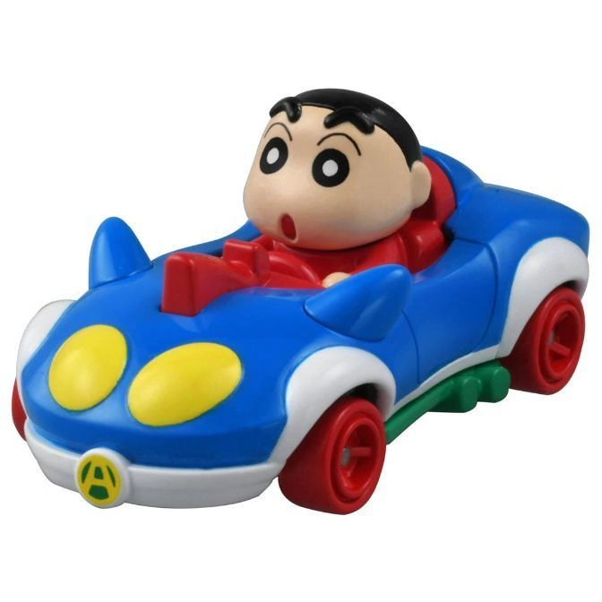 Shin-chan toy car: blue racer with red wheels and Shin-chan figure driving.