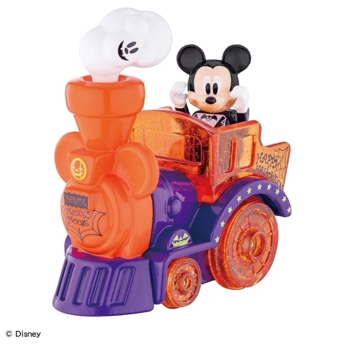 Mickey Mouse Halloween train toy with orange and purple details, featuring Mickey in the driver's seat.