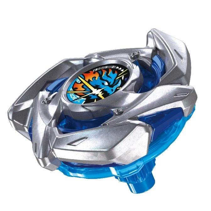  Blue and silver Beyblade toy with a dragon design on the face bolt.