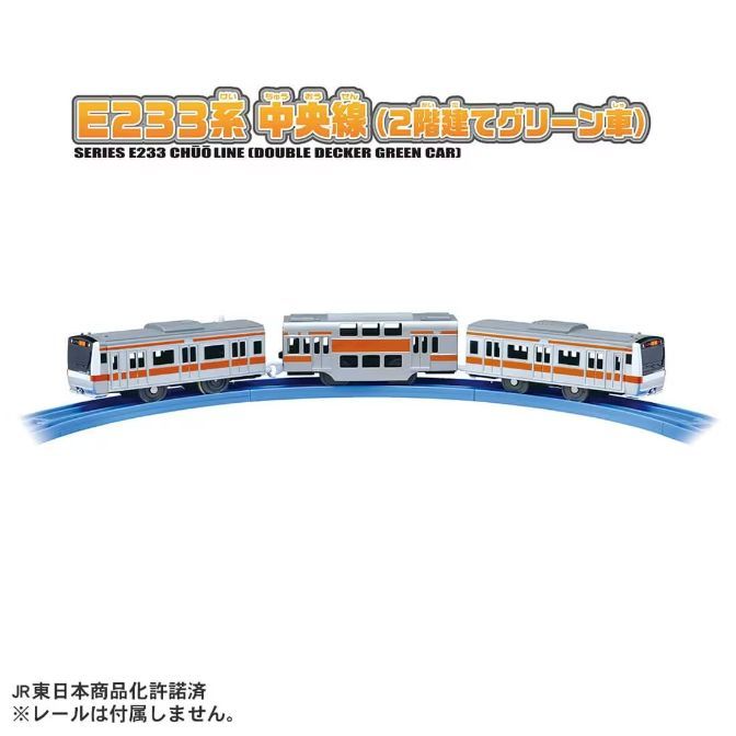  A toy train set featuring the E233 series Chuo Line double-decker green car. The set includes three train cars in a light gray and orange color scheme, displayed on a blue track. The packaging text indicates it's a product licensed by JR East.