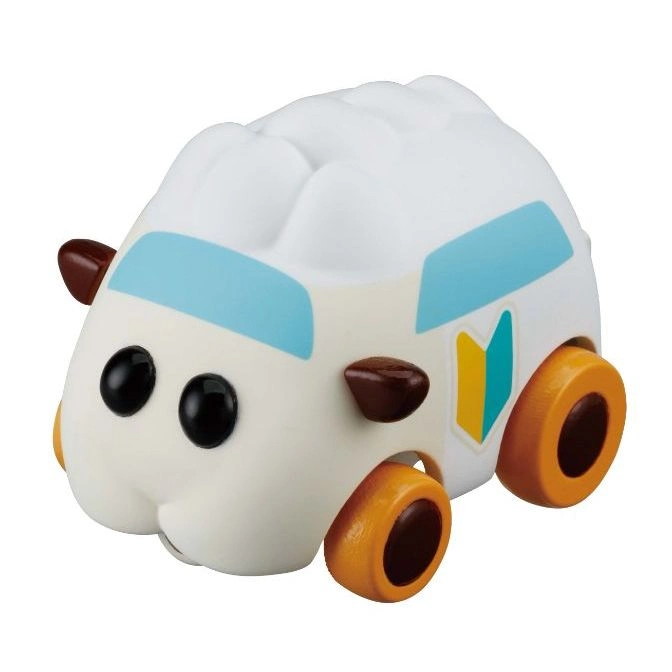 White guinea pig car toy with blue windshield and orange wheels.