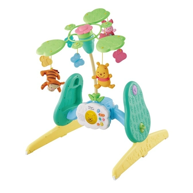 Winnie the Pooh cot mobile with hanging characters and leaf-shaped arms on a yellow stand.