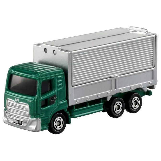 Green and silver toy UD Quon truck with container.
