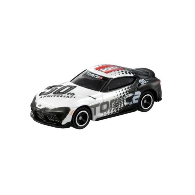 Tomica 50th Anniversary Toyota Supra diecast toy car with white and black livery.