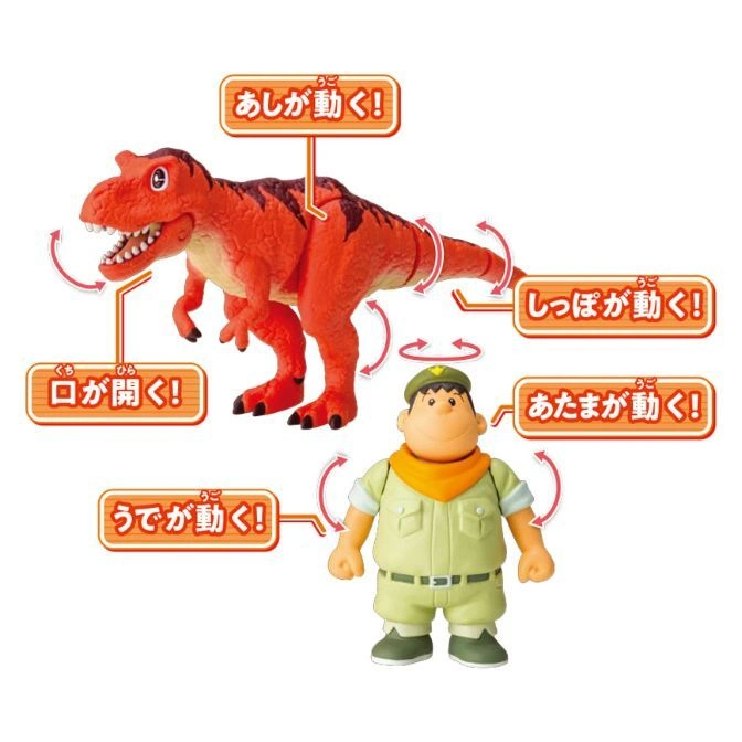  Toy set: orange T-Rex with moving parts and a figure with a hat and uniform.