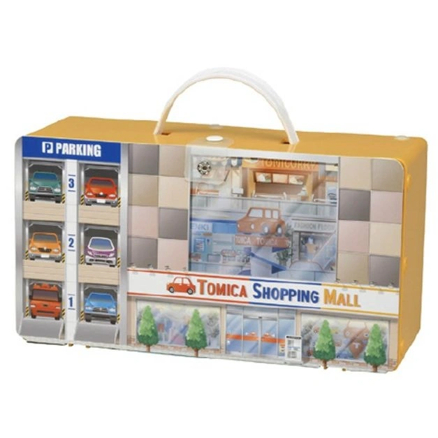  Tomica Shopping Mall playset with parking garage and toy cars.