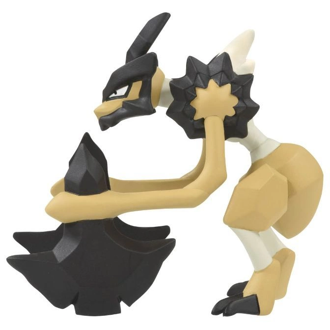  A Houndstone Pokémon toy figure with black head and axe, tan body, and white neck.