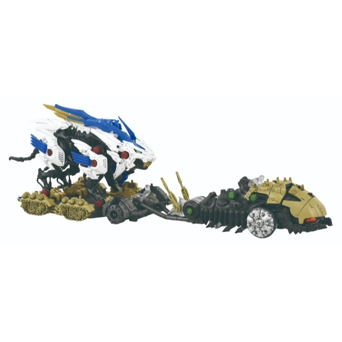  Zoids Liger Zero Panzer with tank and armored carrier, a robotic lion toy with modular armor.