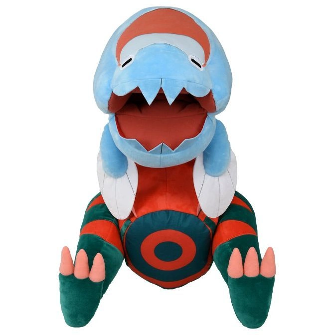  Giant plush Bruxish with open mouth, blue head, red body, and green striped legs.