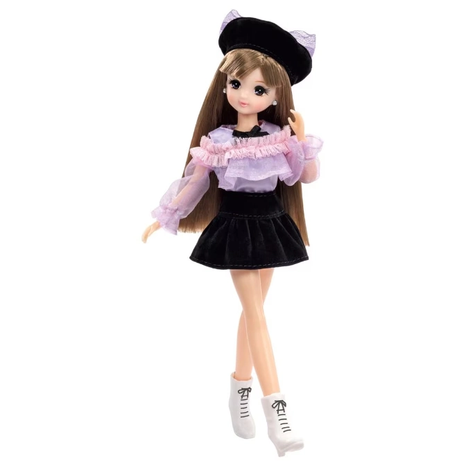  Licca doll with beret, frilly top, black skirt, and white boots.