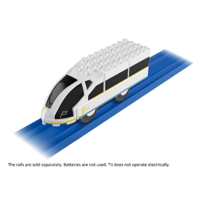 White toy train with black accents on blue track. Building block style.