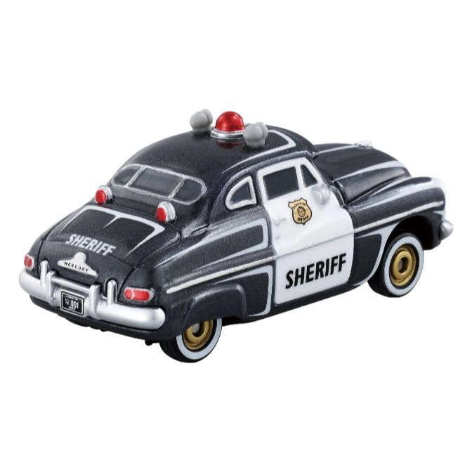  Black and white toy police car with "SHERIFF" on the side and a red light on top.