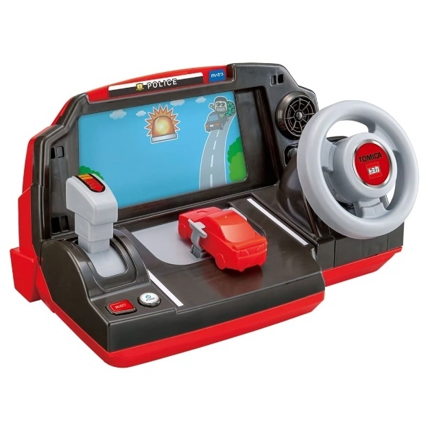  Tomica police car driving simulator toy with steering wheel, gear shift, and screen showing a police chase.