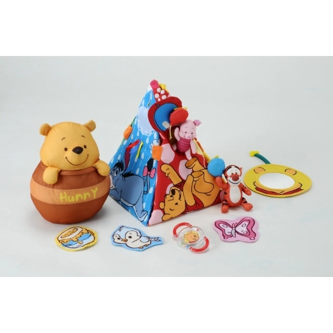  Winnie the Pooh activity toy set with plush characters, pyramid block, and accessories.