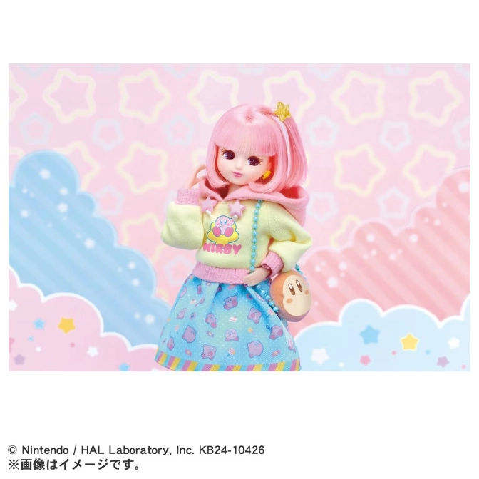  Kirby doll with pink hair, hoodie, skirt, and Kirby-themed purse.