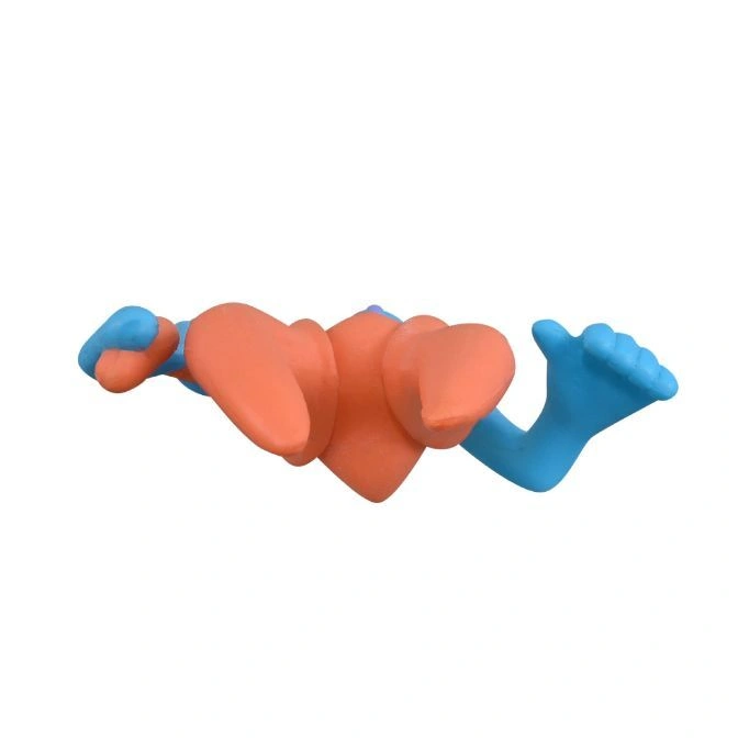  Blue and orange stretchy toy with heart-shaped body and hands with fingers.