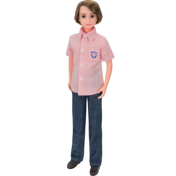 Male doll in pink shirt and jeans, standing. Features short brown hair and casual attire.
