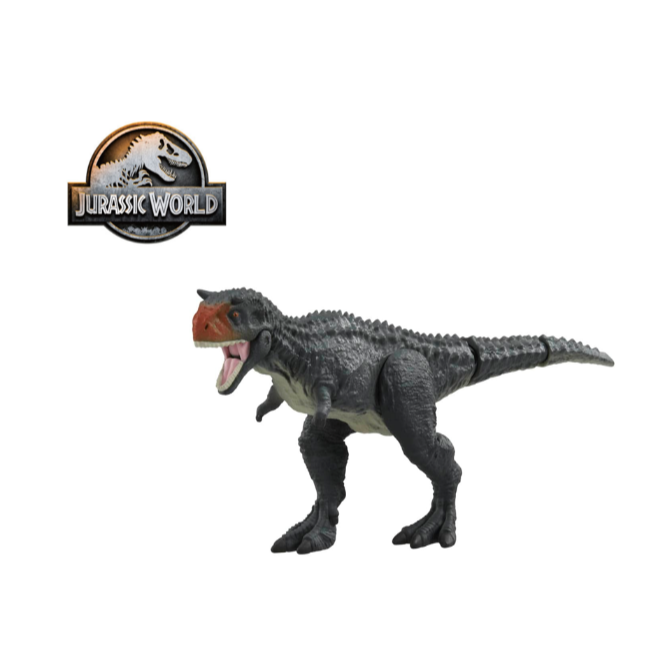 Grey Jurassic World Carnotaurus toy with red head, open mouth, and articulated tail.
