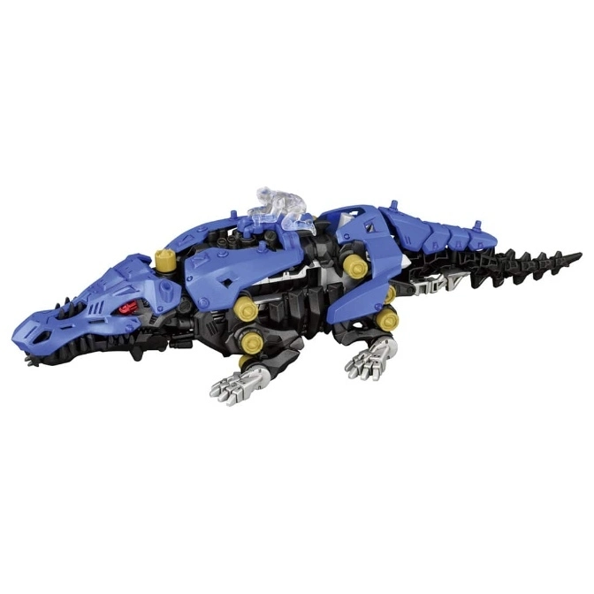 Blue Zoids toy resembling a crocodile with a clear figure on top.