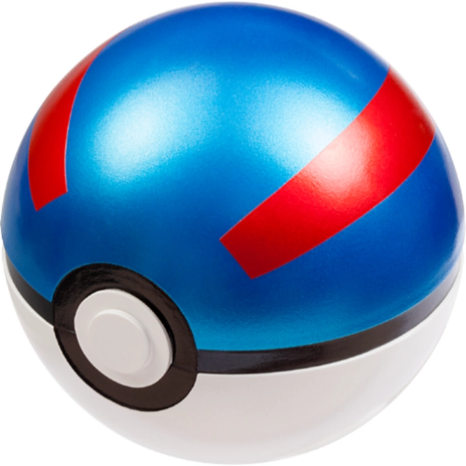  Blue and white Poké Ball toy with red stripes and a central button.