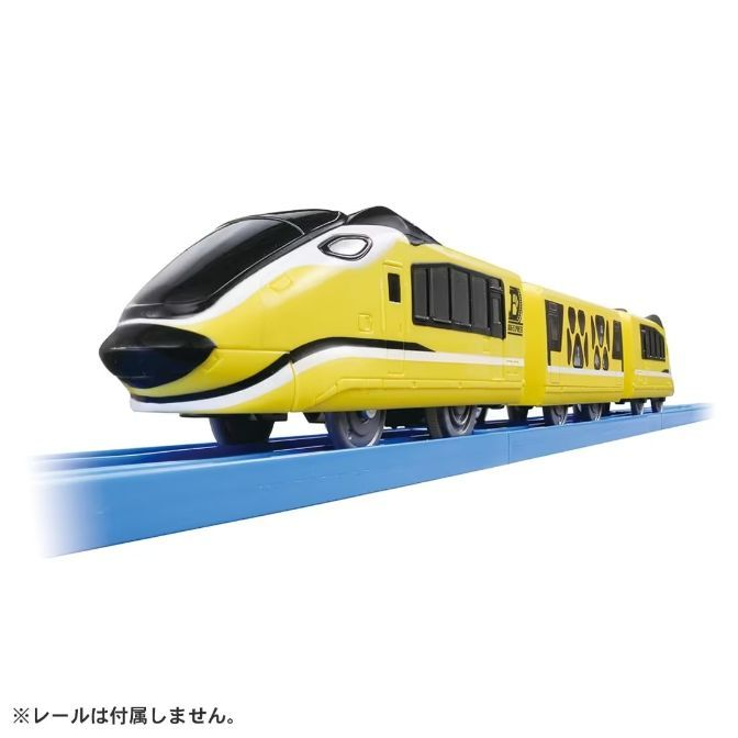 A yellow toy train on a blue track.