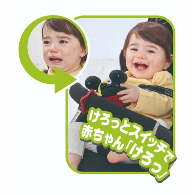  Baby toy with Mickey Mouse ears; happy and crying baby faces shown.