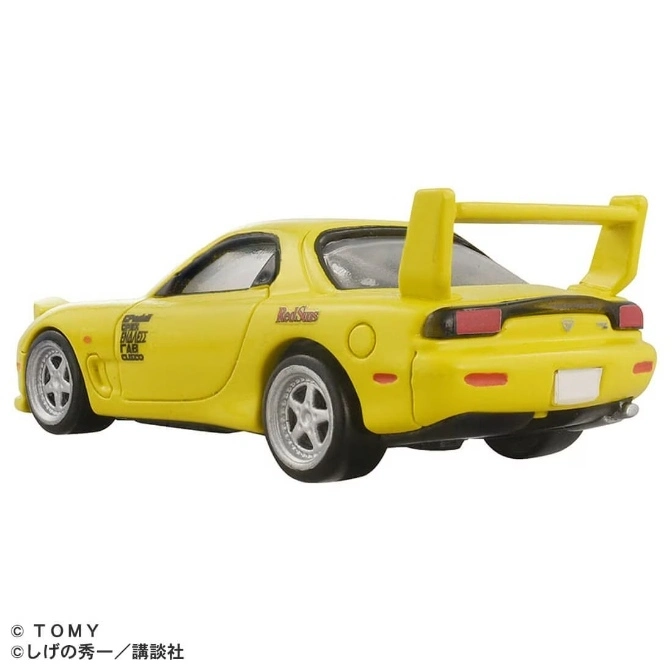  Yellow Mazda RX-7 toy car with spoiler and racing decals.