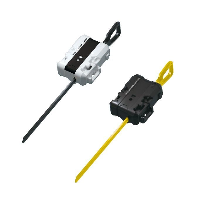  Two Beyblade launchers, one white with a black pull cord, one black with a yellow pull cord.