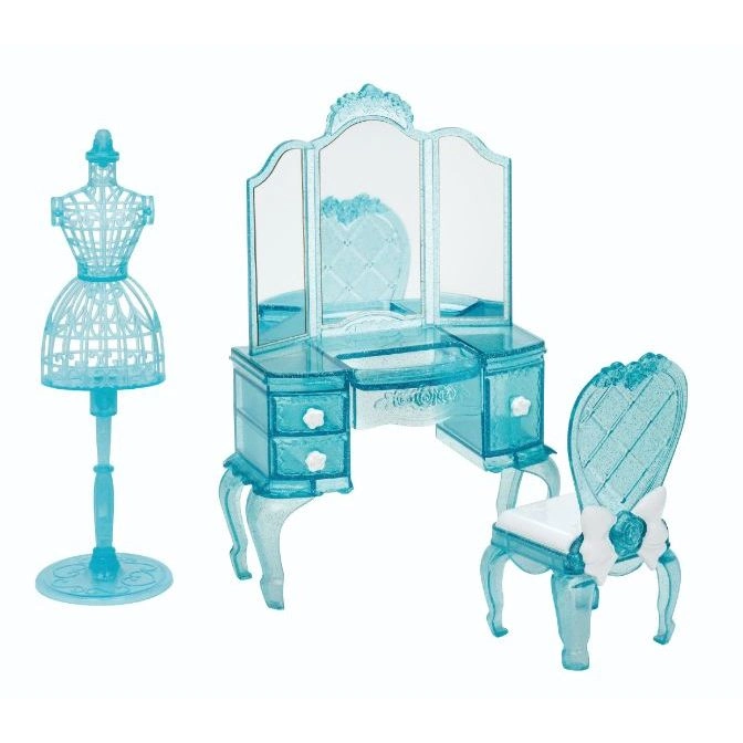 Toy vanity set with dress form, vanity table with mirror, and chair. All in translucent blue.